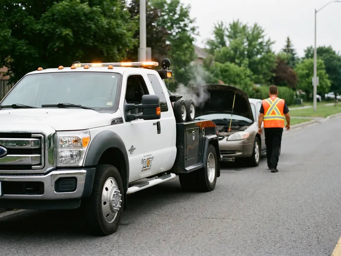 MVT flatbed tow truck arriving to assist a car that overheated on an Ottawa roadside