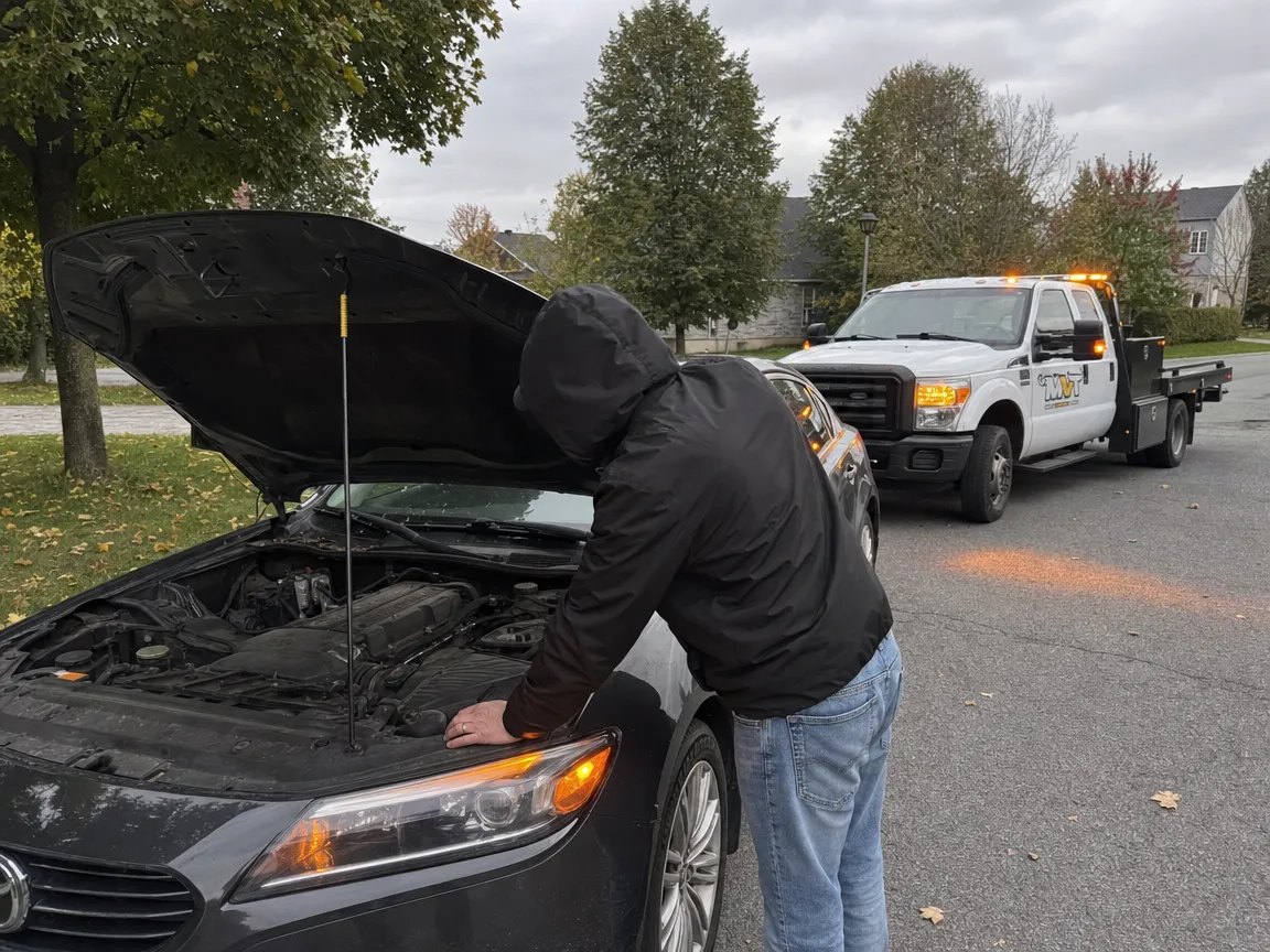 Driver checking engine bay after car overheats on an Ottawa residential street