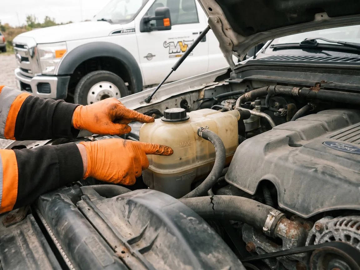 Checking coolant reservoir level in engine bay during a roadside overheat check